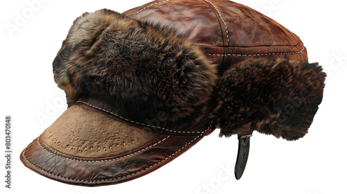 A Russian ushanka hat with ear flaps on a transparent background. PNG format, This PNG file, with an isolated cutout object on a transparent background.  photo