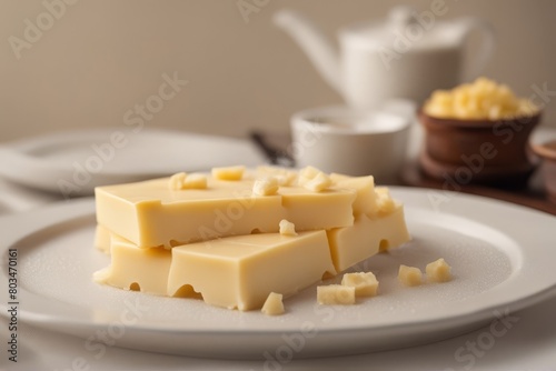 'plate butter fat oil cholesterol margarine food ingredient block piece creamy dairy product widener texture unhealthy fats calorie dish white background cut-out isolated studio shot still' photo