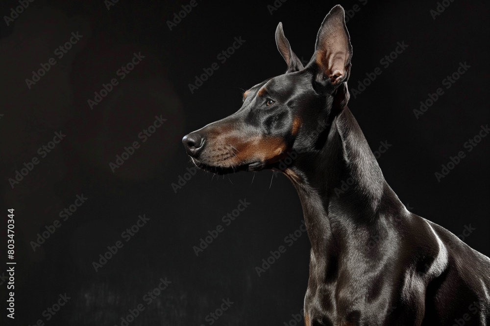 Doberman black, tall Doberman on a black background looking to the side. Close-up photograph of the animal. Advertising banner.