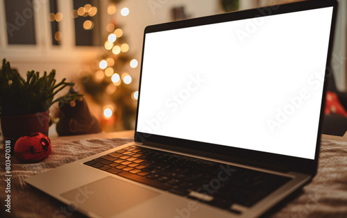 Laptop blank screen on sofa in cozy house with lamps in dim light