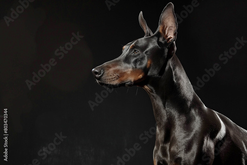 Doberman black, tall Doberman on a black background looking to the side. Close-up photograph of the animal. Advertising banner.