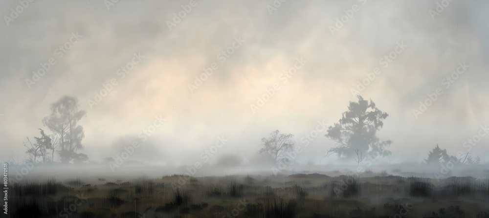 A foggy moorland scene early in the morning, with ghostly silhouettes of distant trees and soft, diffused light A foggy moorland scene early in the morning, with ghostly silhouettes of distant trees and soft, diffused light