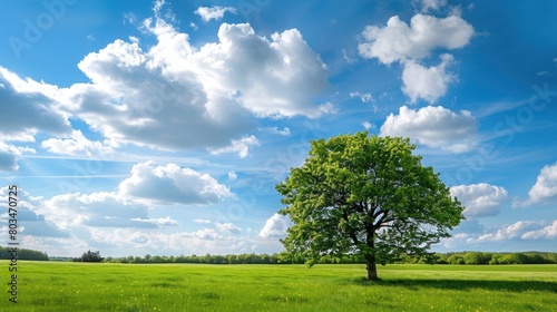 The view of a tree in green fields with blue skies is mesmerizing.
