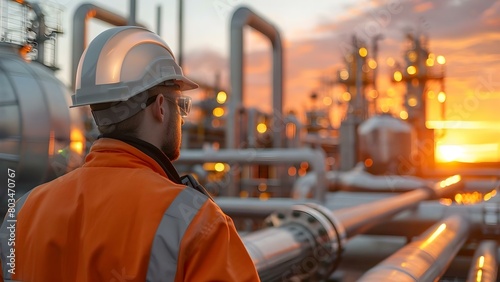 Supervising engineer inspects district heating plant pipes and valves at sunset. Concept District Heating Plant, Sunset Inspection, Engineer Supervision, Pipes and Valves, Industrial Photography