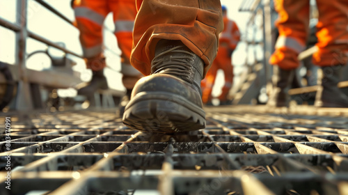Close-up of a worker's boot stepping on a metal grid with other workers in the background on a construction site.