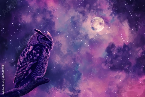 A purple sky with a large moon and a small owl perched on a branch © Nico