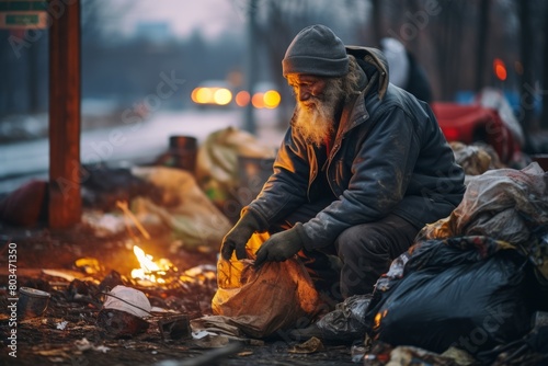 A man is seated on a mound of garbage next to a crackling fire, possibly seeking warmth or cooking food. The scene depicts urban poverty and environmental issues