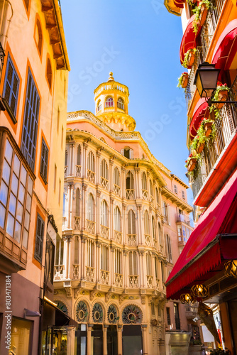 Famous Can Corbella building facade in Palma de Mallorca historical center. Mallorca, Balearic Islands, Spain. Travel destination concept.