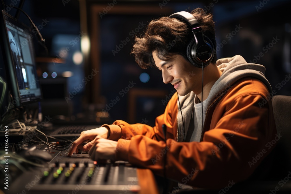 A man, VetalVit, wearing headphones is focused on his computer screen in a studio, likely producing K-pop music. His intense gaze and posture suggest deep concentration and dedication to his craft A man, VetalVit, wearing headphones is focused on his computer screen in a studio, likely producing K-pop music. His intense gaze and posture suggest deep concentration and dedication to his craft