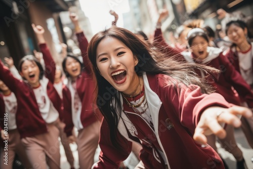 A K-pop flash mob surprising passersby with synchronized dance routines in a public space
