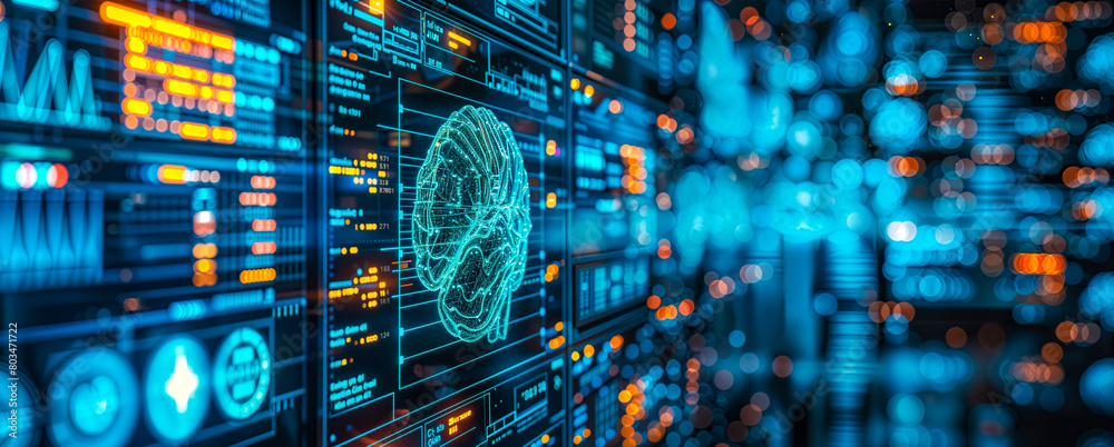 Brain-Computer Interface Technology. A holographic brain scan on a ...