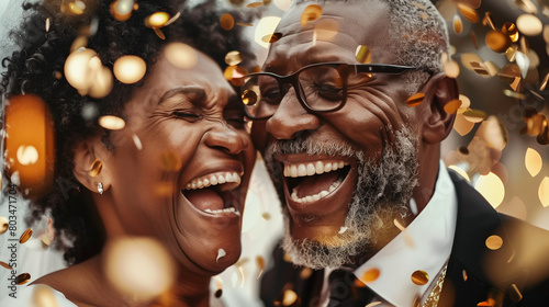 A joyful elderly African American couple laughing together amidst golden confetti, portraying happiness and celebration. photo