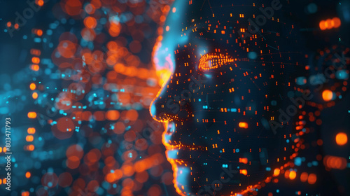 Digital art of a human face composed of glowing binary code, set against a backdrop of orange bokeh lights.
