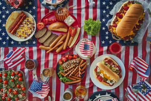 Celebratory Fourth of July Table Spread Featuring Traditional American Food and Decorations