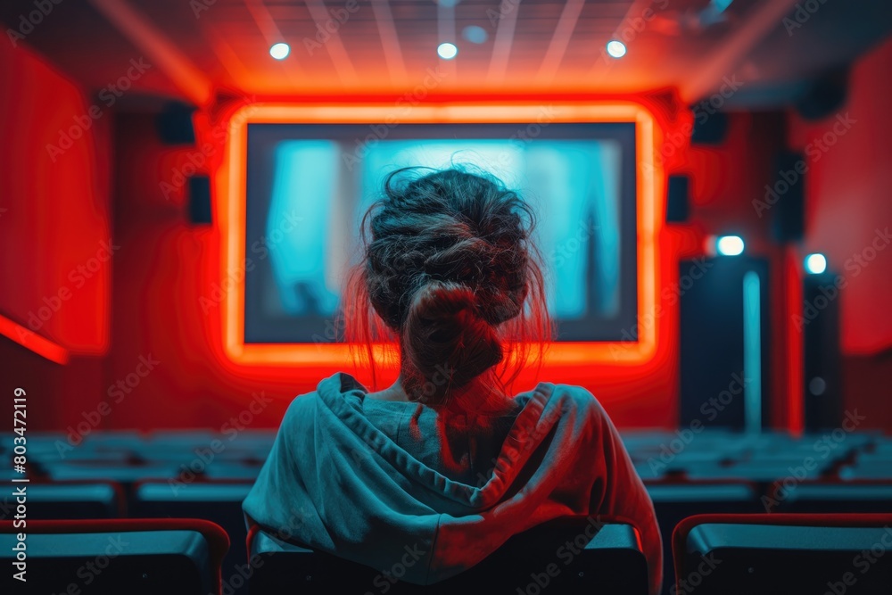 Young woman sitting in cinema hall and watching movie. Cinema concept.