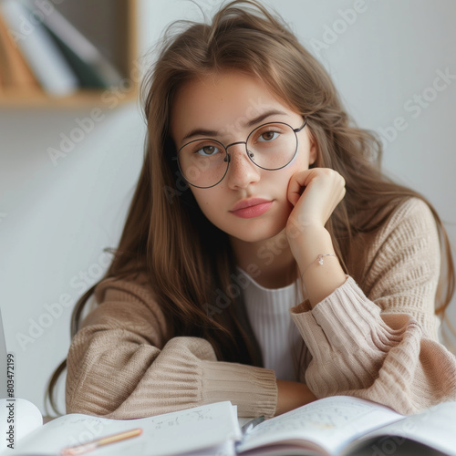 A girl wearing glasses is sitting at a desk with a book open in front of her