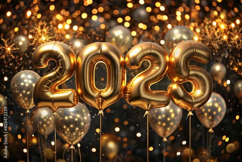 The banner. Happy New Year. Large balloons made of gold foil with the number 2025. Beautiful bokeh, glitter, sequins, Christmas balls. The concept of a party and a New Year's eve.