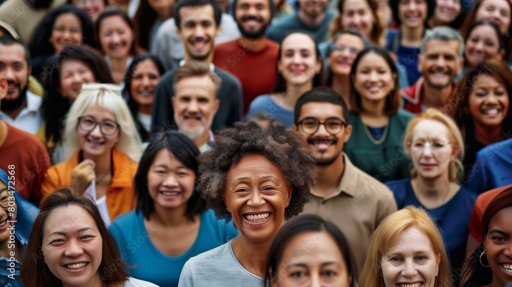 Diverse group of people smiling and looking up, representing various ages and ethnicities in a close-up view.