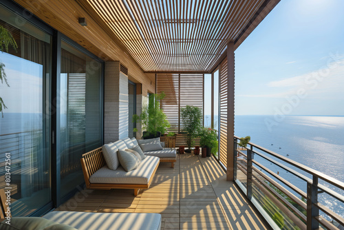 A wooden deck overlooking the ocean with a view of the water © Sviatlana