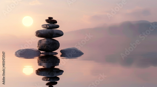A serene scene of stacked stones balanced in calm water at sunset, with a soft reflection and misty background.