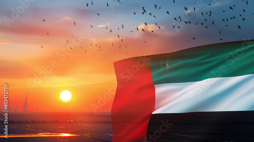 United Arab Emirates flag on sunset sky background with birds flying. United Arab Emirates celebration photo