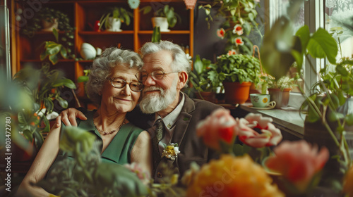 A couple of older people are sitting together in a room with plants © Sviatlana