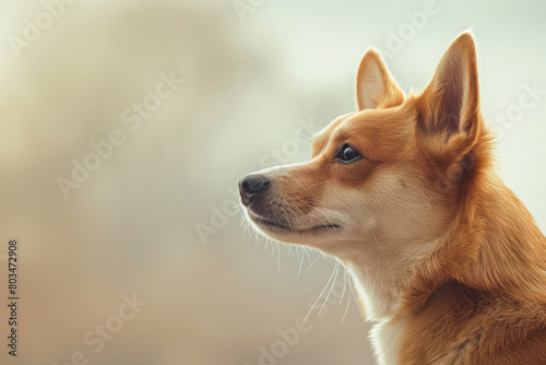 Corgi puppy on a blurred light background and looks to the side with curiosity. Close-up. photo