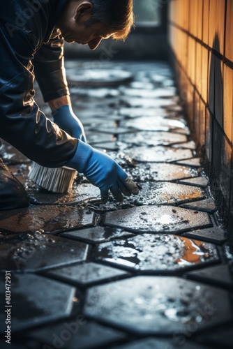 A man is diligently scrubbing the floor with a brush, focusing on cleaning the grout between tiles in a bathroom. He is engaged in the task, ensuring a thorough cleaning