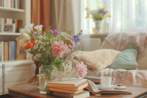 A table with a vase of flowers, a book, a cup, and a cell phone