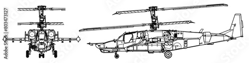 Drawing of russian military helicopter. Black shark. General view. Front, side view. Cad scheme.