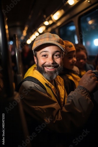 A man with a beard and a hat is seated on a school bus, possibly the driver. He appears to be greeting students or engaging in conversation. The interior of the bus is visible in the background