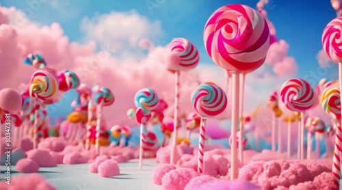 Whimsical candyland with giant lollipops and candy canes.
