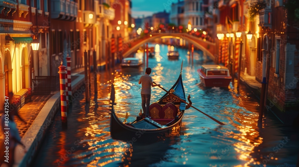 A couple enjoying a romantic gondola ride through winding canals in a picturesque city.