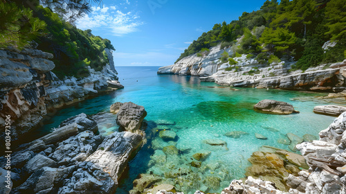 A hidden bay with crystal clear turquoise waters, flanked by steep cliffs covered in dense forest under a clear blue sky