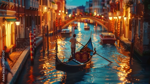 A couple enjoying a romantic gondola ride through winding canals in a picturesque city.