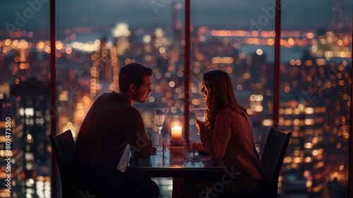A couple enjoying a romantic dinner at a candlelit table overlooking a sparkling city skyline. photo