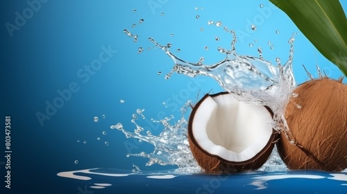 Coconut Splashing Into Water With Green Leaf