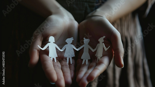 Mani con ritagli di carta a forma di persone. Importanza della famiglia e delle amicizie. photo