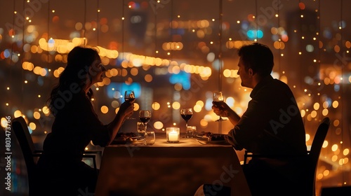 A couple enjoying a romantic dinner at a candlelit table overlooking a sparkling city skyline.