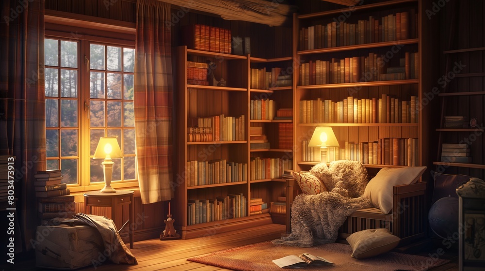 Fototapeta premium A cozy reading nook bathed in warm lamplight, shelves filled with books begging to be explored.