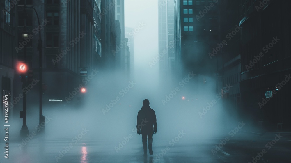 A figure walking through a foggy city street, symbolizing mystery and the unknown