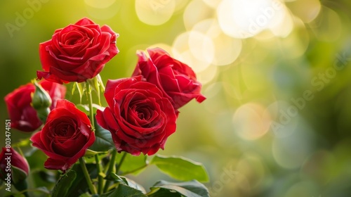 Morning light illuminates a lush red rose bush with vibrant blooms and soft focus.