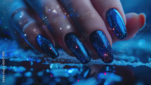 Neon Nightfall: Stunning Manicure Design in Purple and Blue Luminance