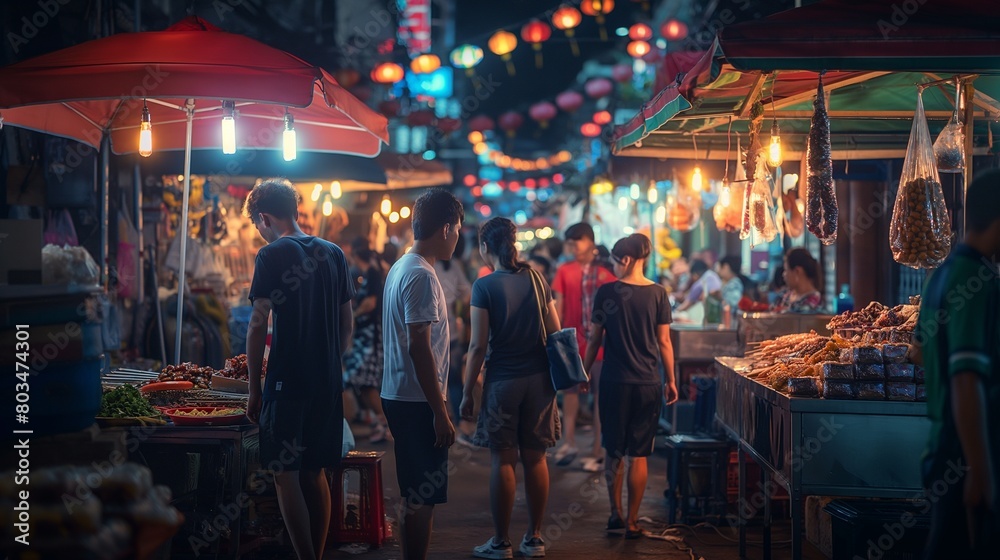 Fototapeta premium A group of friends exploring a bustling night market, sampling exotic street food under neon lights.