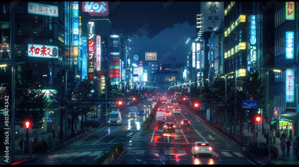 Tokyo night street buildings vehicle neon lights