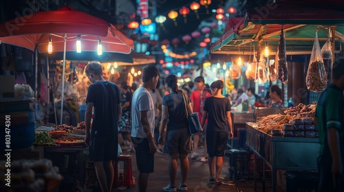 A group of friends exploring a bustling night market, sampling exotic street food under neon lights.