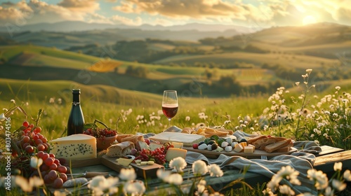 A peaceful countryside picnic with a spread of cheeses, bread, and wine, surrounded by rolling hills.