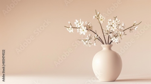 A delicate arrangement of white blossoms in a sleek beige vase  perfect for minimalist decor.
