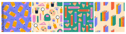 Seamless pattern with pencils and school supplies vector flat illustration. Back to school. Stationery cartoon style.