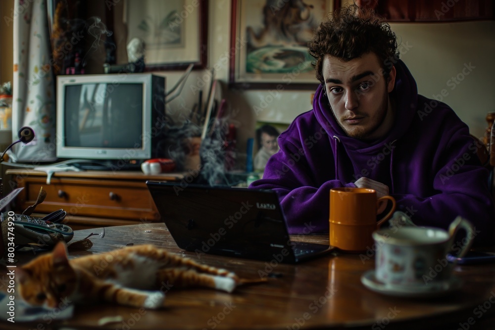 A man in a purple hoodie is sitting at a table with a laptop and a cup of coffee A man in a purple hoodie is sitting at a table with a laptop and a cup of coffee